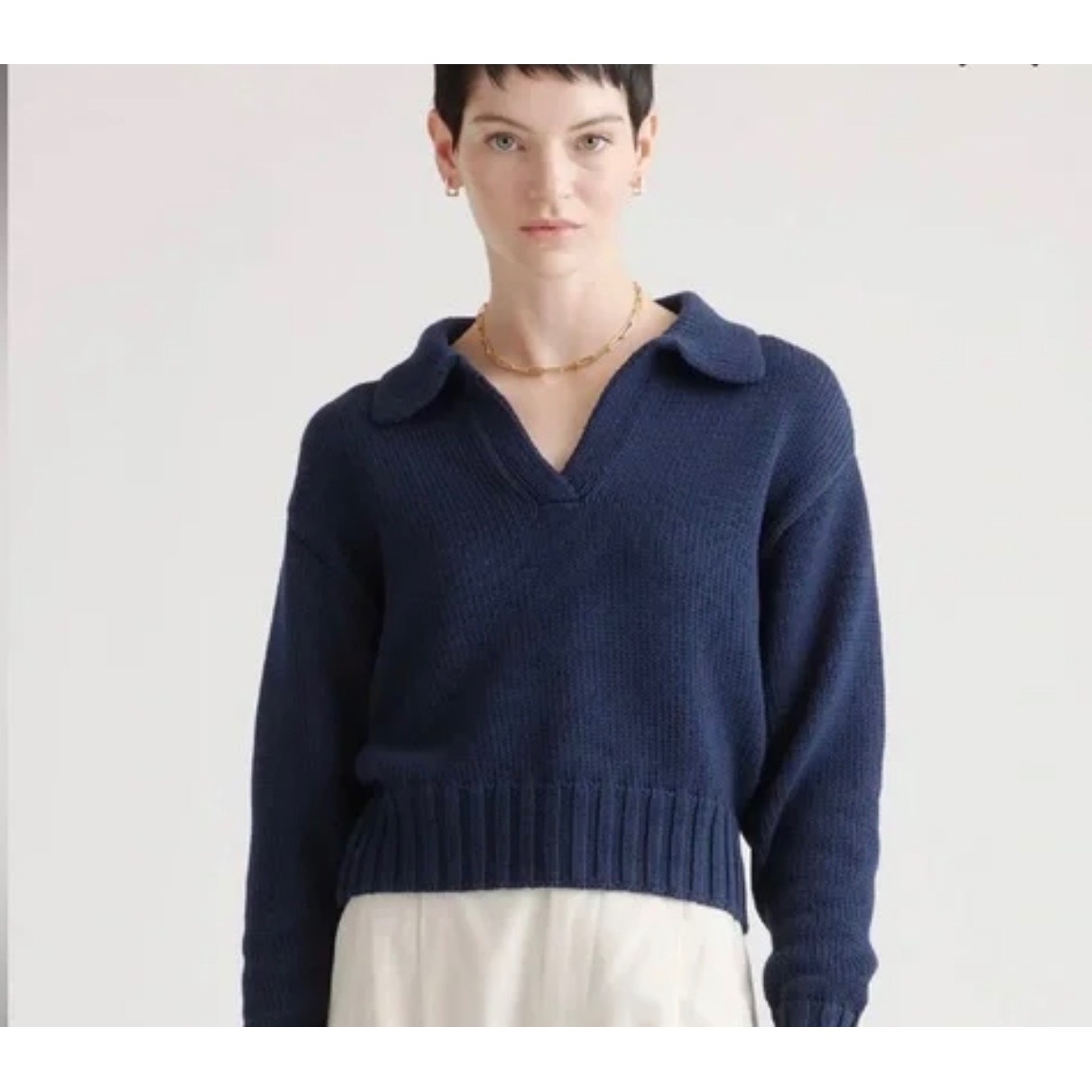 Quince Navy Collared V-Neck Sweater